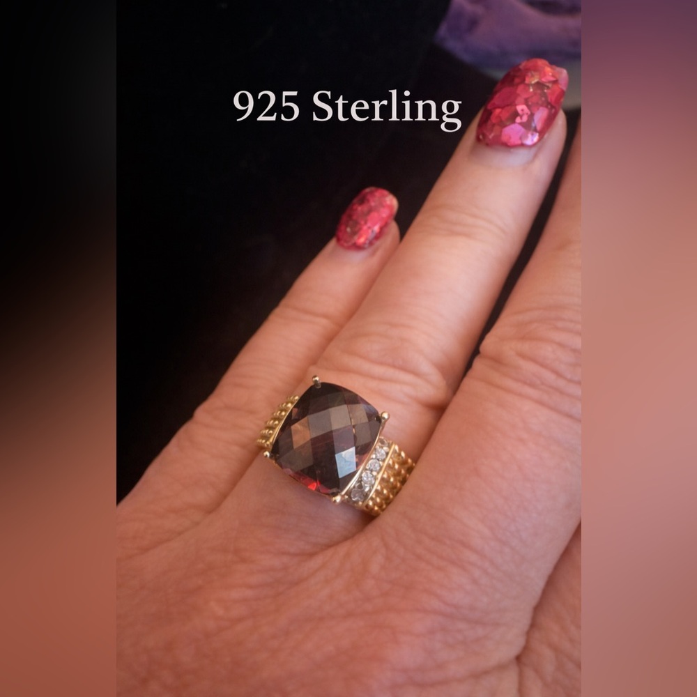 925 Sterling Silver Smoky Quartz Cocktail Ring Gold Vermeil CZ Statement Ring